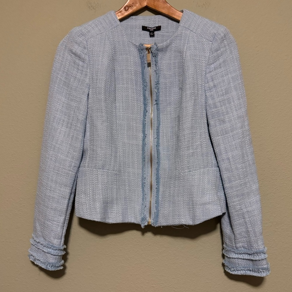 Premise Cut and Sewn Twead Frayed Hem Blazer Jacket in Blue Wash - Size 6P
